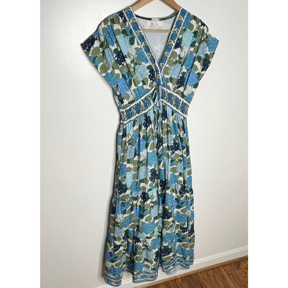 Bindu Aria Maxi Dress XS Blue Floral Cotton Resort Pockets - Picture 4 of 12